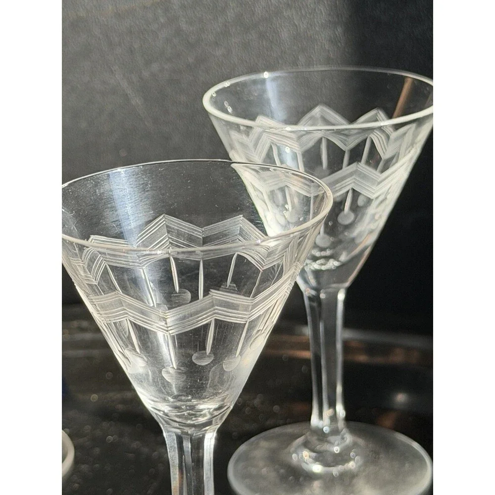 Set of 5 Vintage Art Deco Etched Crystal Cocktail/Sherry Glasses